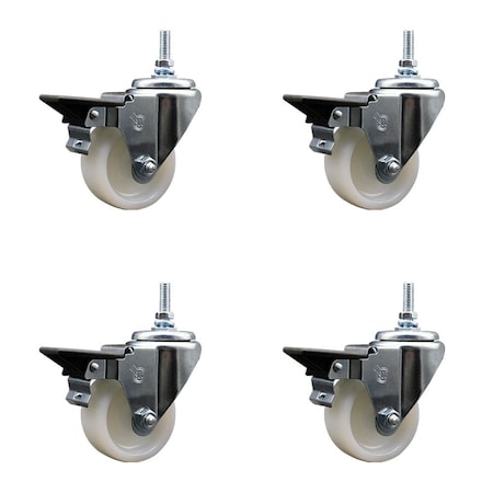 Service Caster 3 Inch Nylon 12 MM Threaded Stem Caster Set with Brake SCC-TS20S314-NYS-PLB-M1215-4